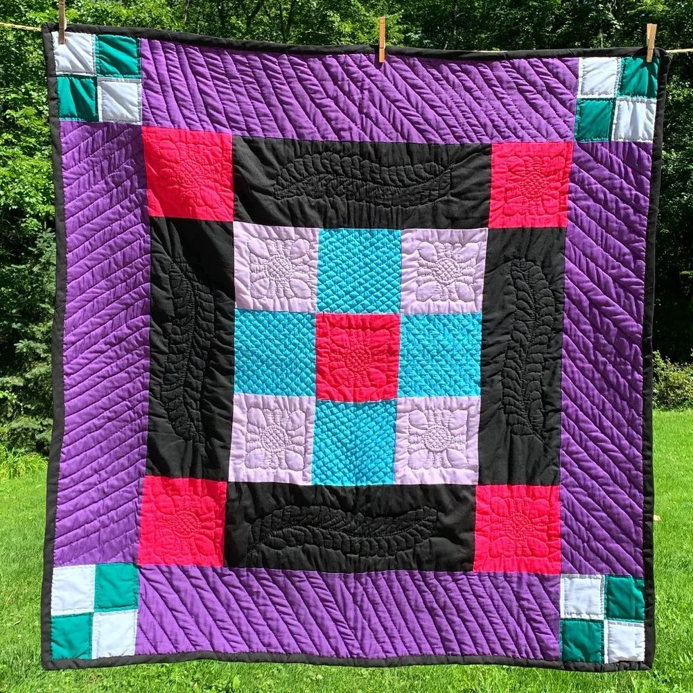 Handcrafted Quilt Amish Black Purple Pink Handmade Baby Square Wall Hanging